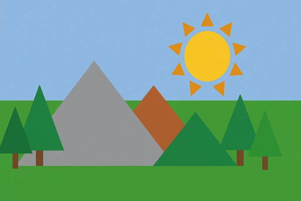 Árboles geométricos formados por rectángulos y triángulos verdes