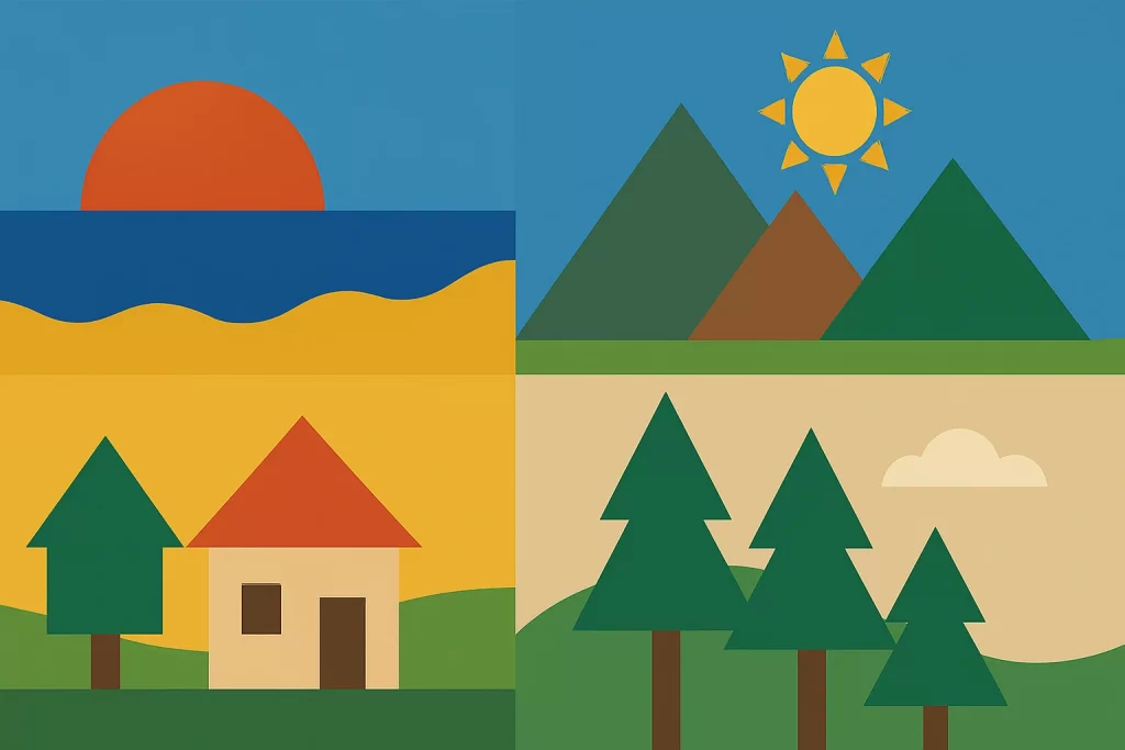 Cuatro paisajes geométricos diferentes en formato de collage