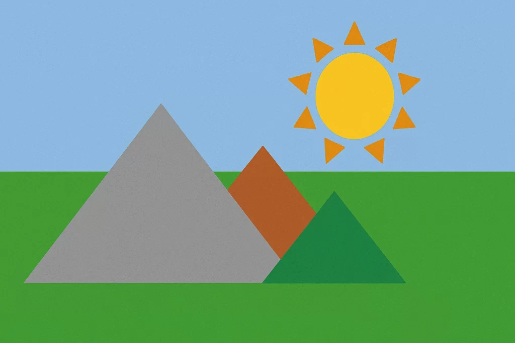 Montañas hechas con triángulos de distintos tamaños y colores (gris, marrón, verde)