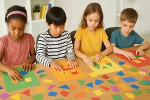 Niños en clase trabajando con cartulina y recortes geométricos