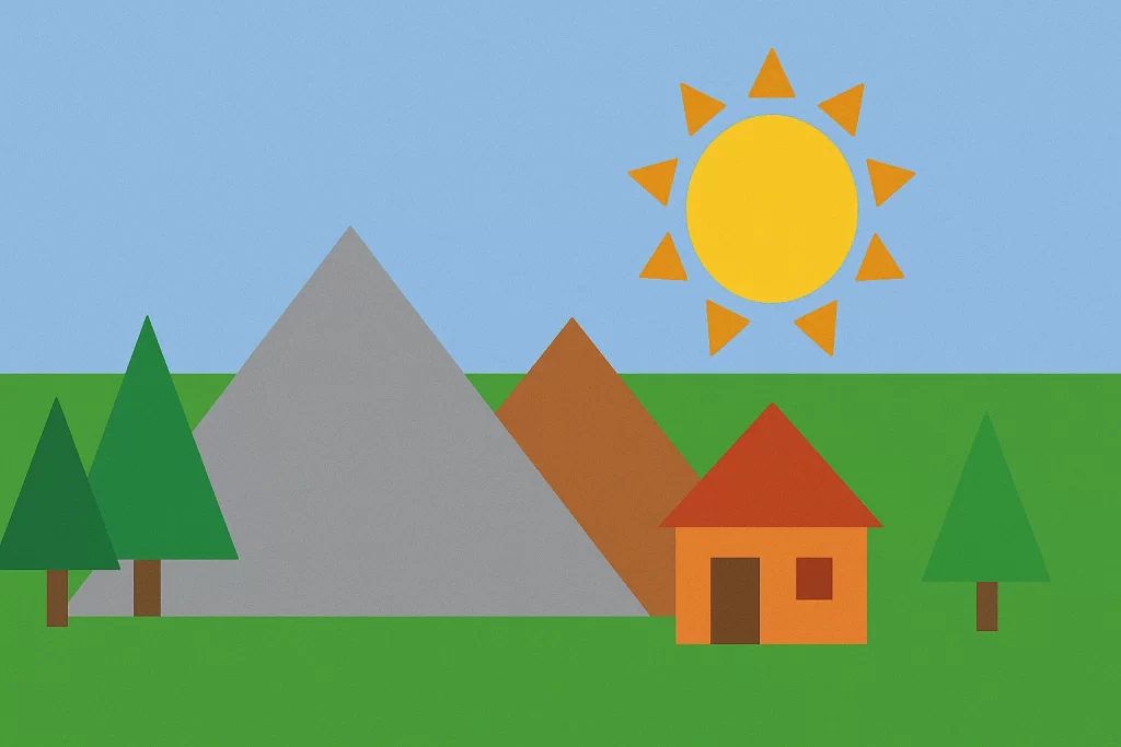 Una casita geométrica con cuadrado (paredes), triángulo (techo) y pequeños rectángulos (ventanas y puerta)